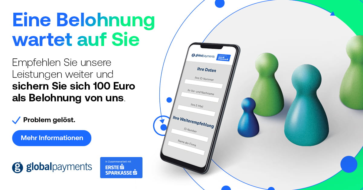 Werbebanner für das All-in-One-Zahlungsterminal Genius von Global Payments.