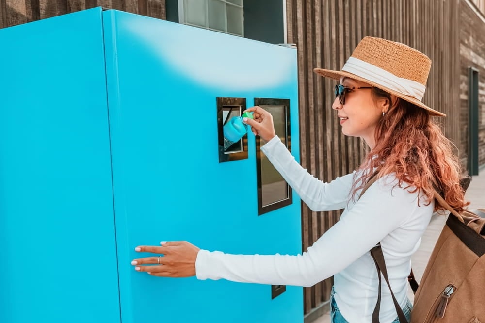 Frau mit Strohhut wirft eine Plastikflasche in einen blauen Recyclingautomaten.