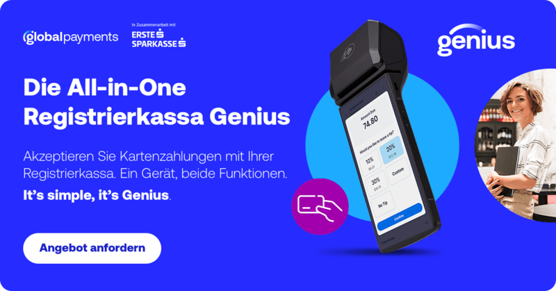 Werbebanner für das All-in-One-Zahlungsterminal Genius von Global Payments.