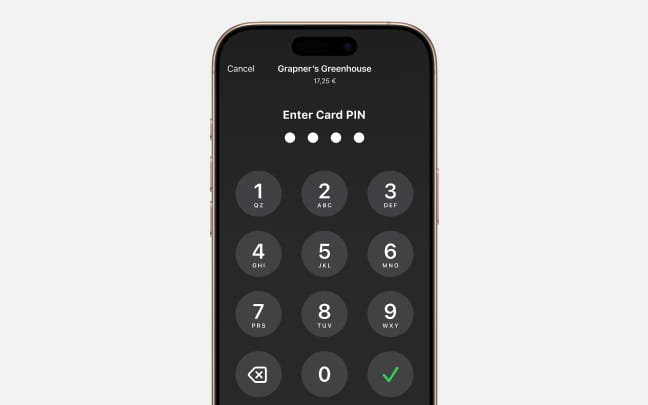 Obrazovka iPhonu při zadávání PINu karty během bezkontaktní platby.