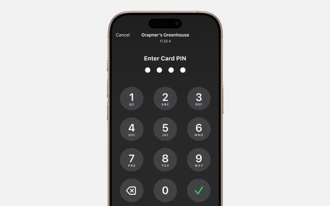 Obrazovka iPhonu při zadávání PINu karty během bezkontaktní platby.
